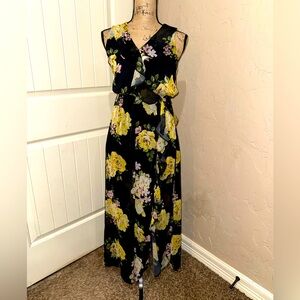 Disney Princess Summer Dress Women's SM Black Floral Hi Low Chiffon MAXI Ruffles